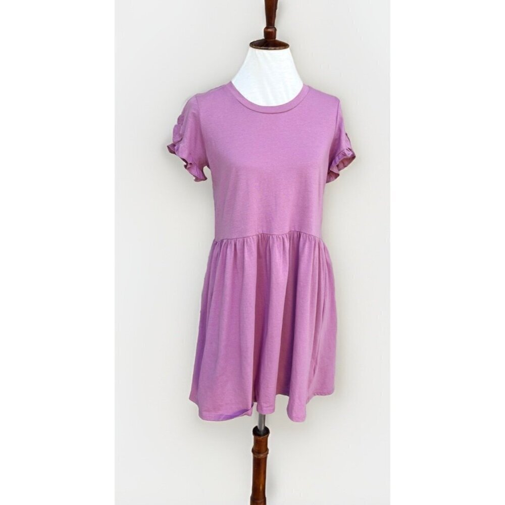 NWOT Bobeau Light Purple Cotton Mini Dress Ruffle Sleeve Crew Neck Women’s Small